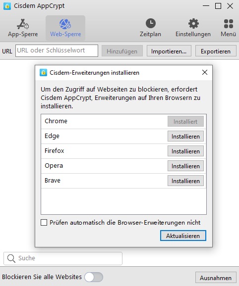 die Registerkarte „Webblock“ mit der Option „Alle Websites blockieren“ in der unteren linken Ecke