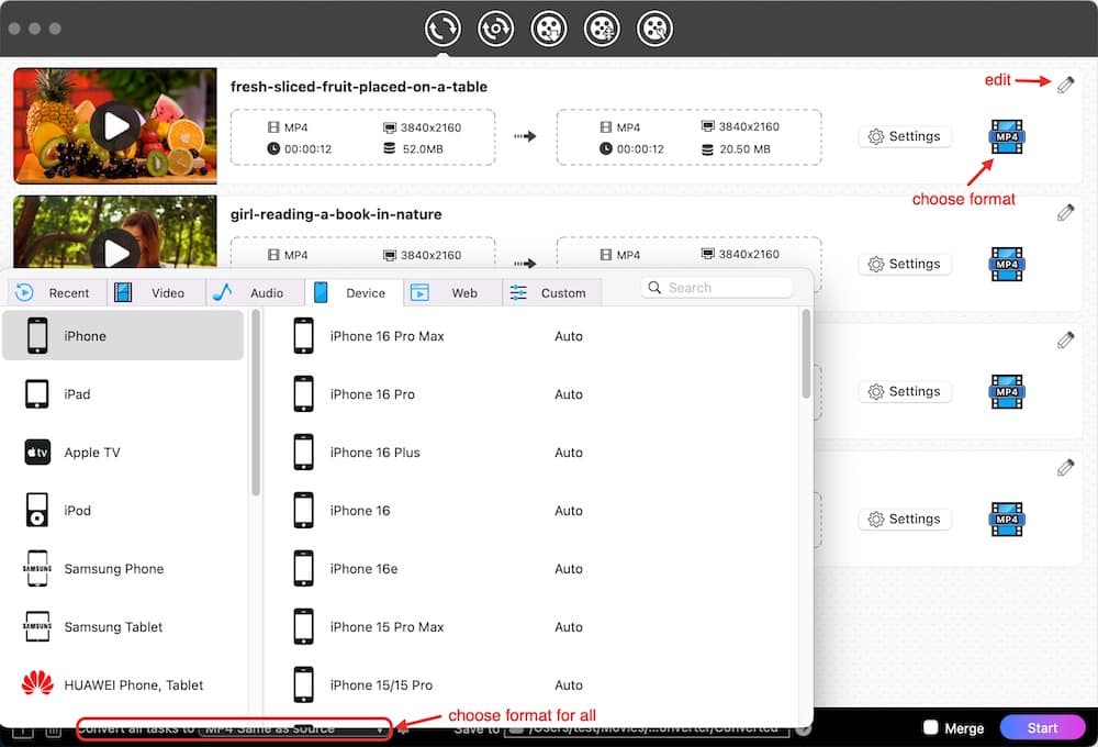 choose output format for iphone