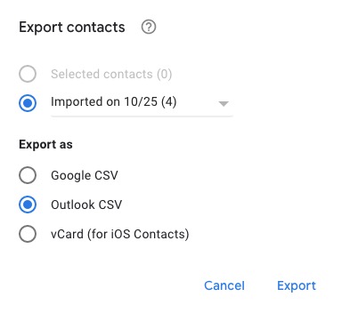 Export being chosen in Google Contacts