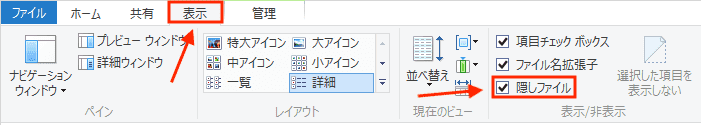 隠しファイル」にチェックを入れる