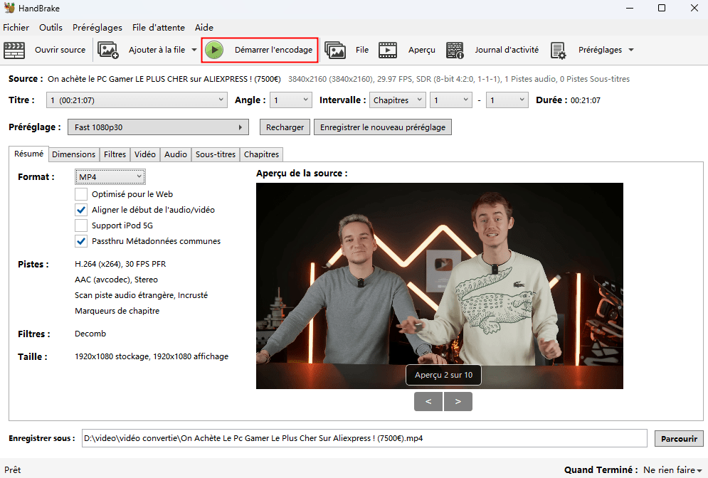 démarrer la conversion mov en mp4 sur windows 