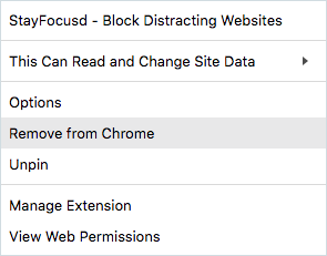 right-clicking the StayFocusd in the toolbar of Chrome bringing up the Remove from Chrome option