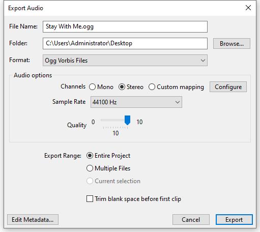 Aucacity convert WAV to OGG