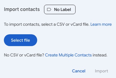 the Import contacts dialog showing the Select file button along with other buttons