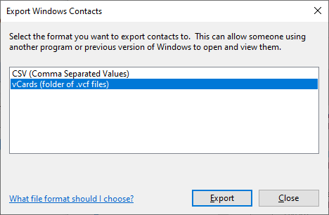 the Export Windows Contacts dialog