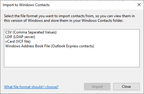 the Import to Windows Contacts dialog