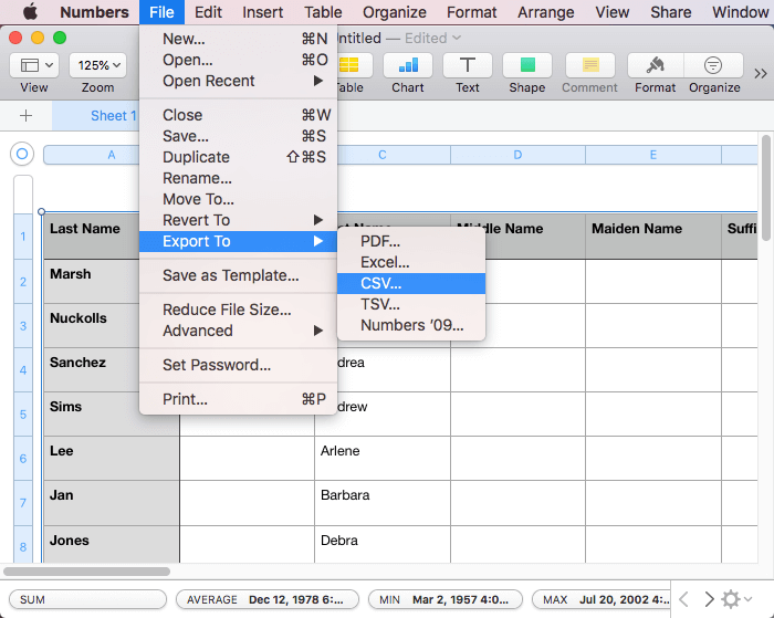 the File menu in Numbers showing the Export To option and CSV being chosen as the export format