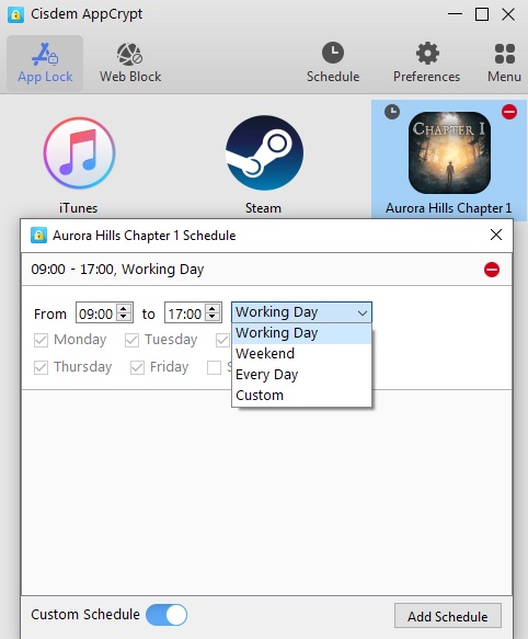 the Custom Schedule dialog showing that a schedule is added and the times of the day are specified