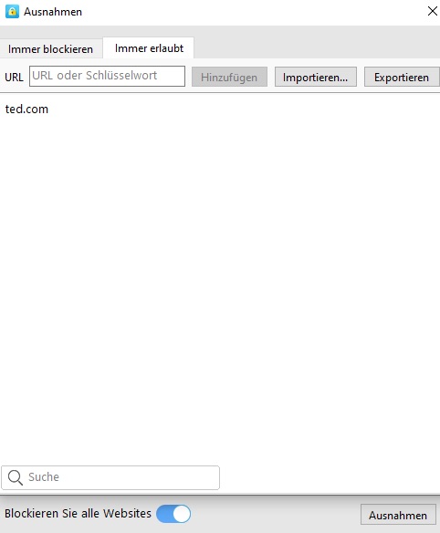 die Registerkarte Immer zulassen im Dialogfeld Ausnahmen zeigt an, dass eine Website hinzugefügt wurde