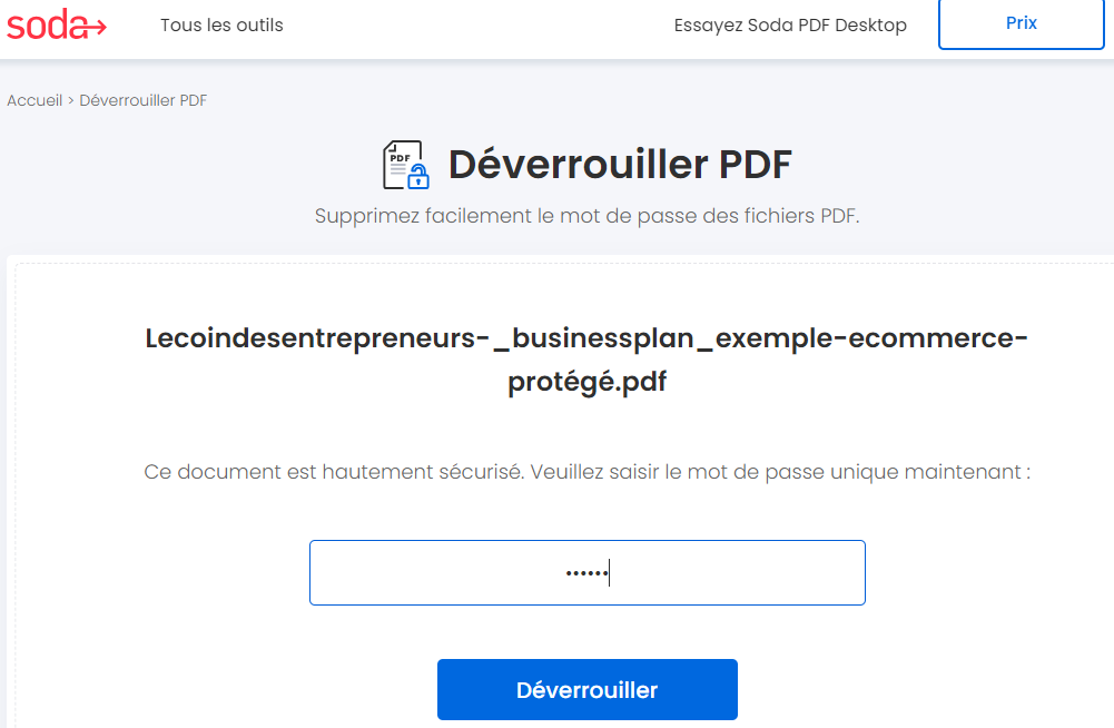 déverrouiller mot de passe pdf sodapdf