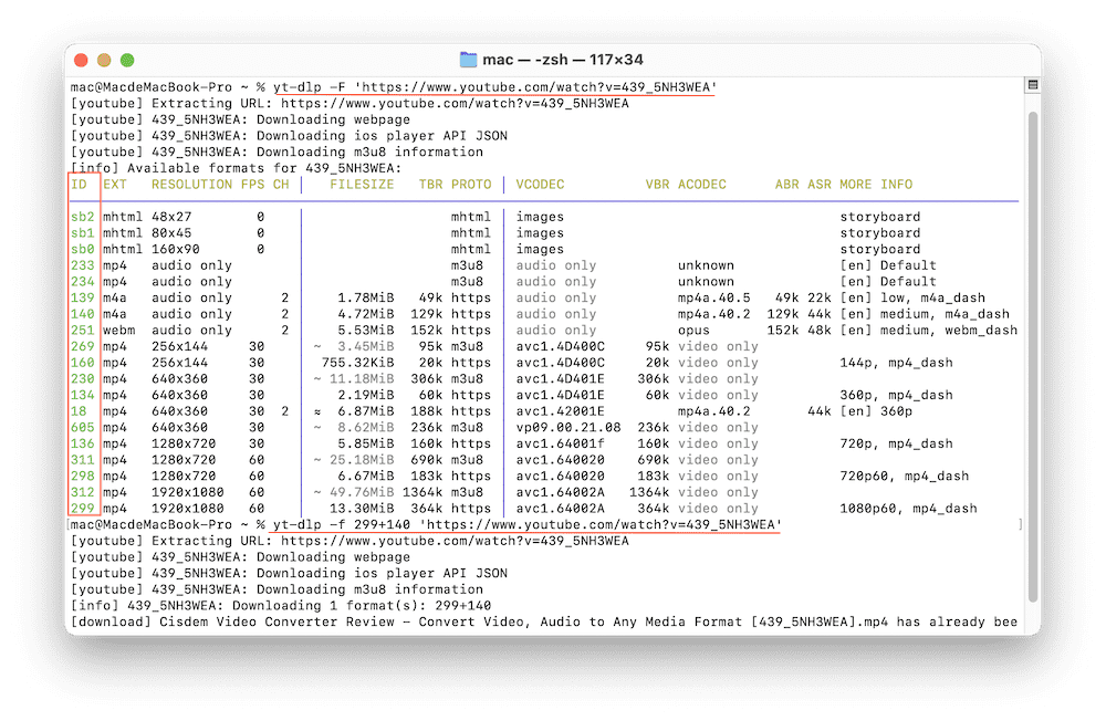 yt-dlp download youtube video with format id on Mac