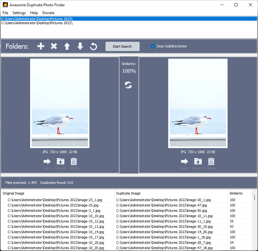 the interface of Awesome Duplicate Photo Finder showing the Folder section, the preview section and the scan results section