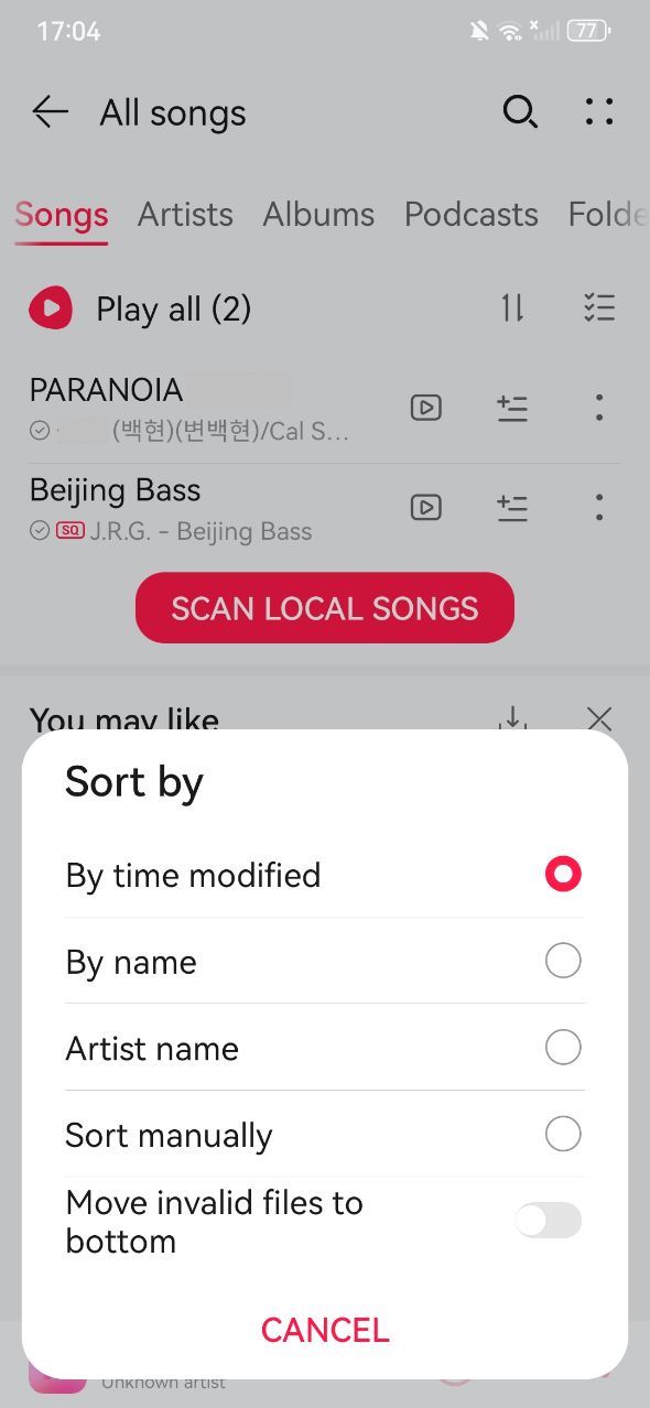 sort music files in music app