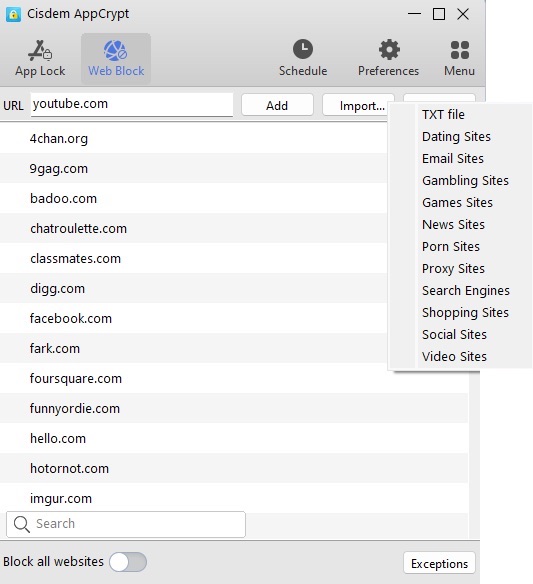 block websites on Opera GX by categories
