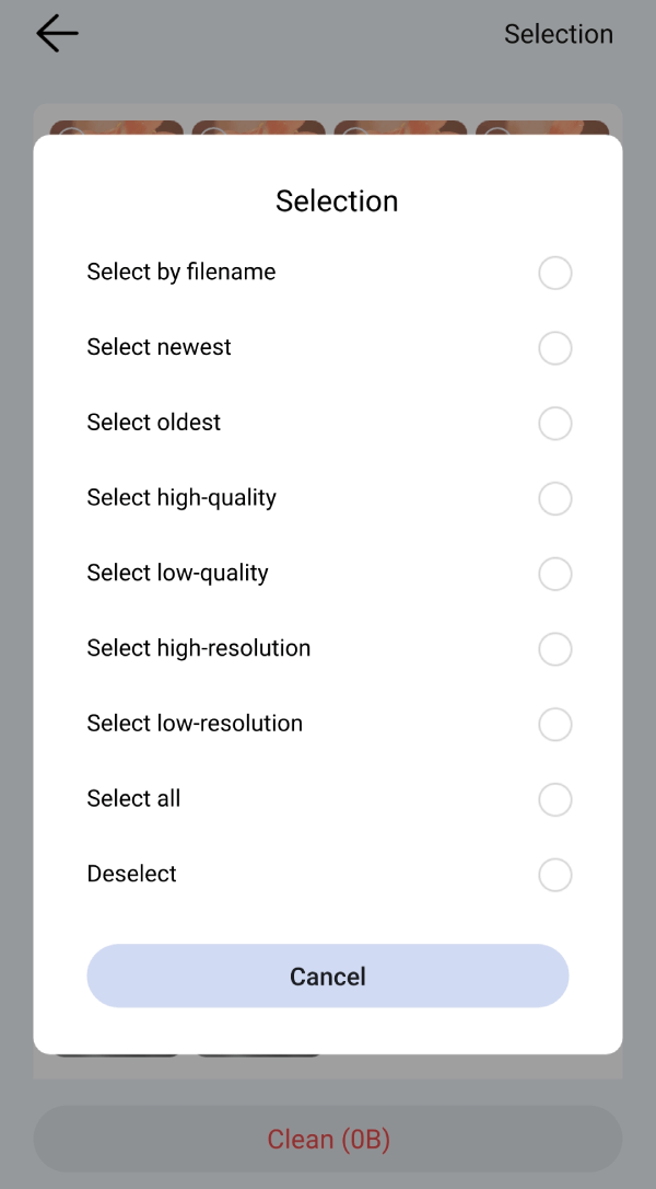 the Selection dialog showing a list of selection rules