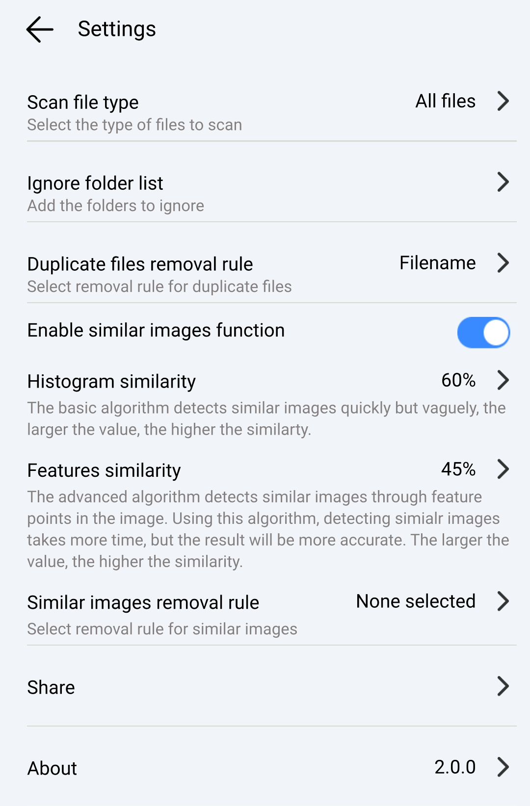 the Settings screen showing the Enable similar images function option and two similarity thresholds, among others