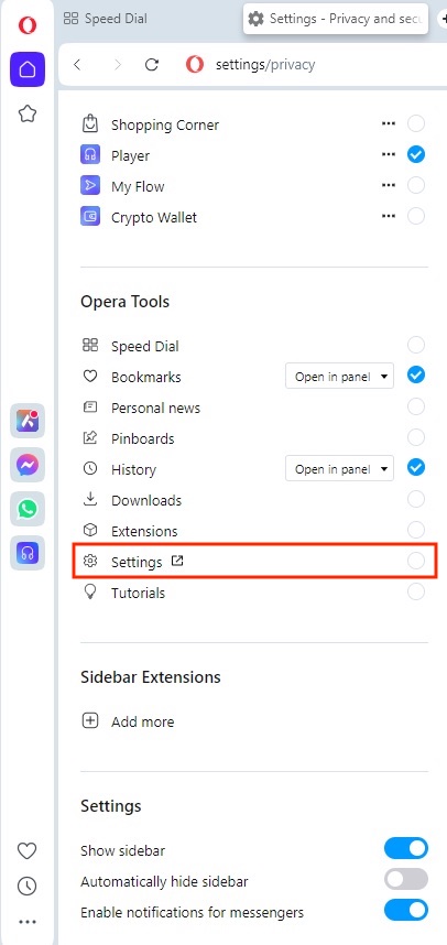 open the Settings page on Opera