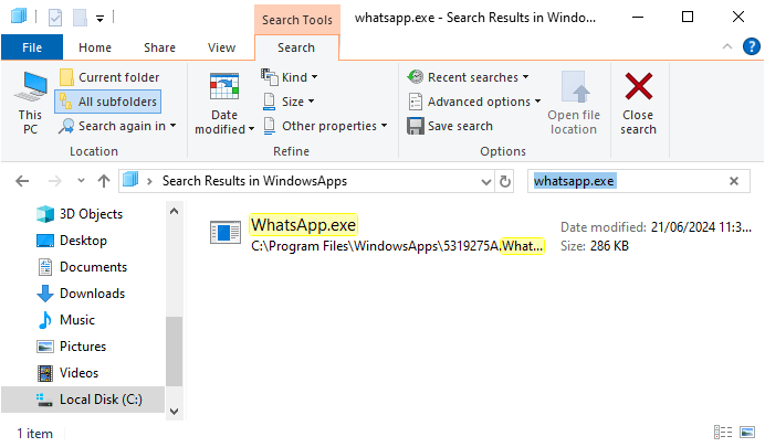 “whatsapp.exe” entered in the search box
