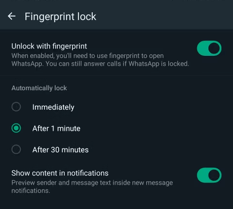 the Fingerprint lock screen showing that Unlock with fingerprint is enabled