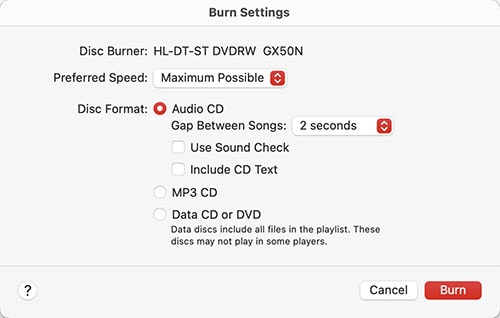 apple music burn settings