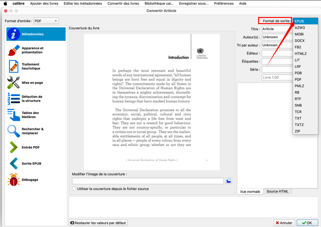 convertir un pdf en epub sur mac calibre2