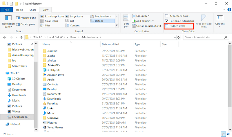 unhide in file explorer