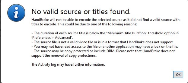 HandBrake error message