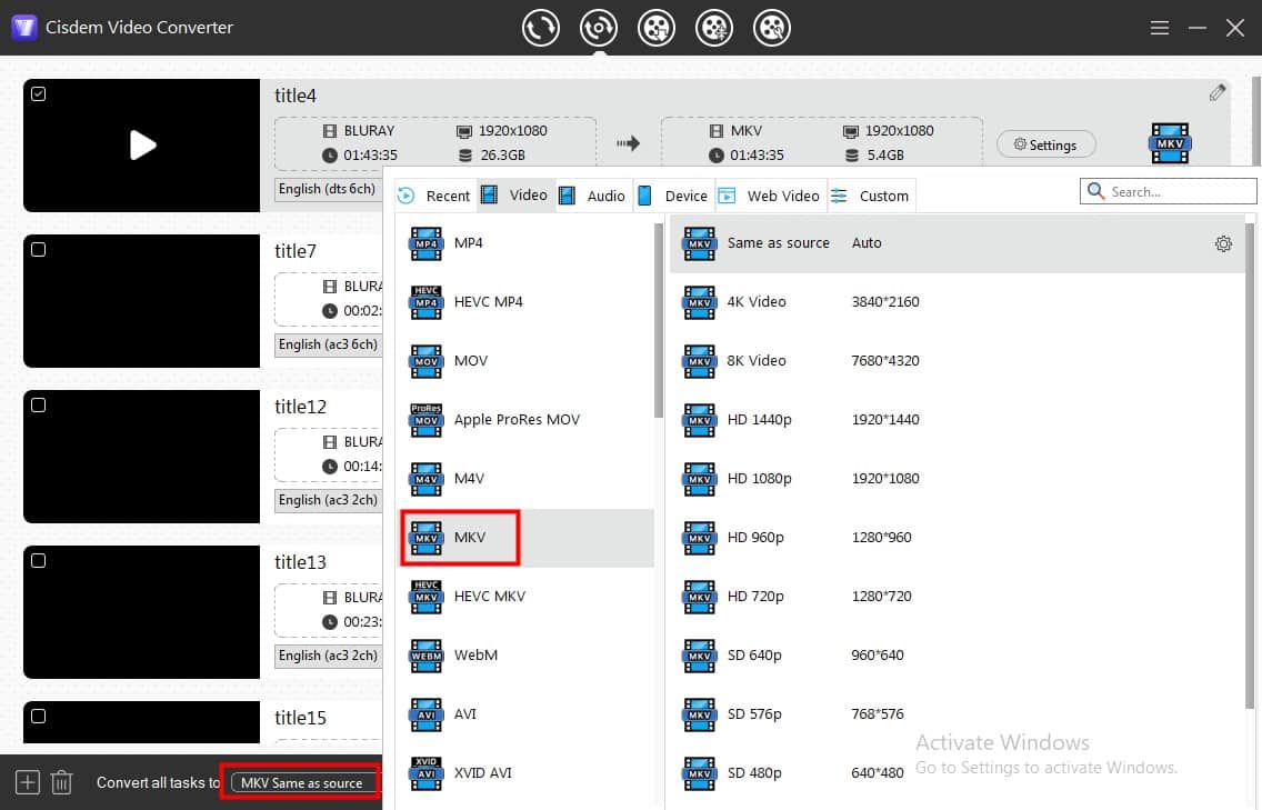 choose MKV output format in Cisdem