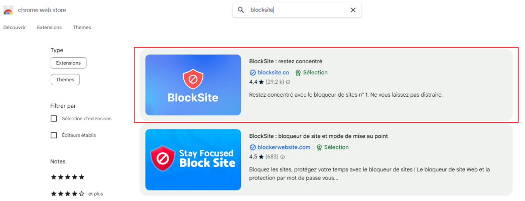 BlockSite dans Chrome