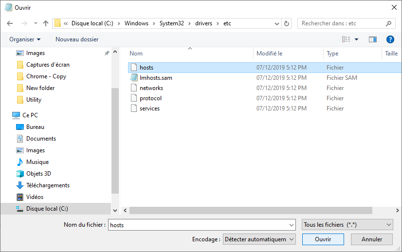 ouvrir le fichier hosts