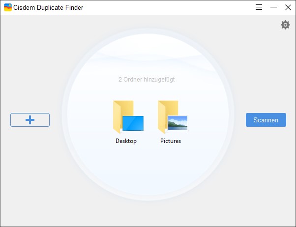 Cisdem Duplicate Finder window showing the Add icon, the Settings icon, the Scan button, and that two folders are added