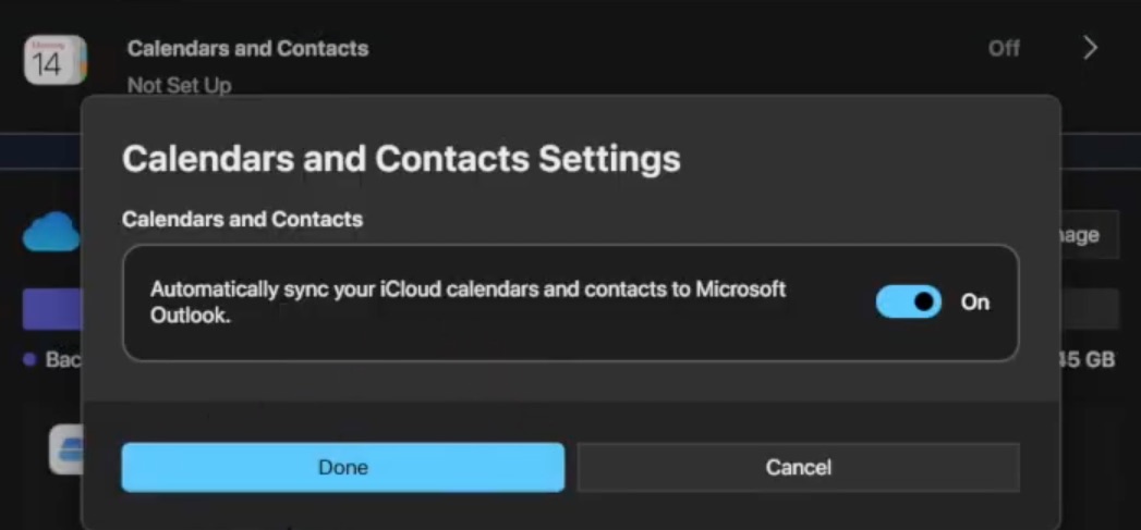 Calendars and contacts settings