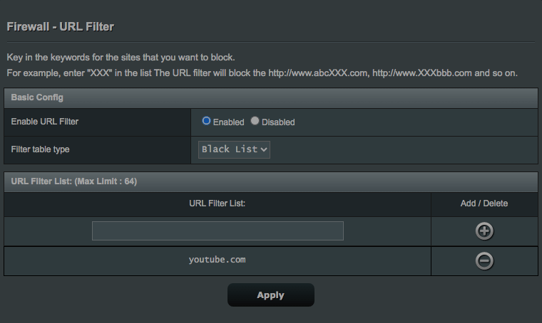 a router settings page showing an URL Filter List and youtube.com added to the list