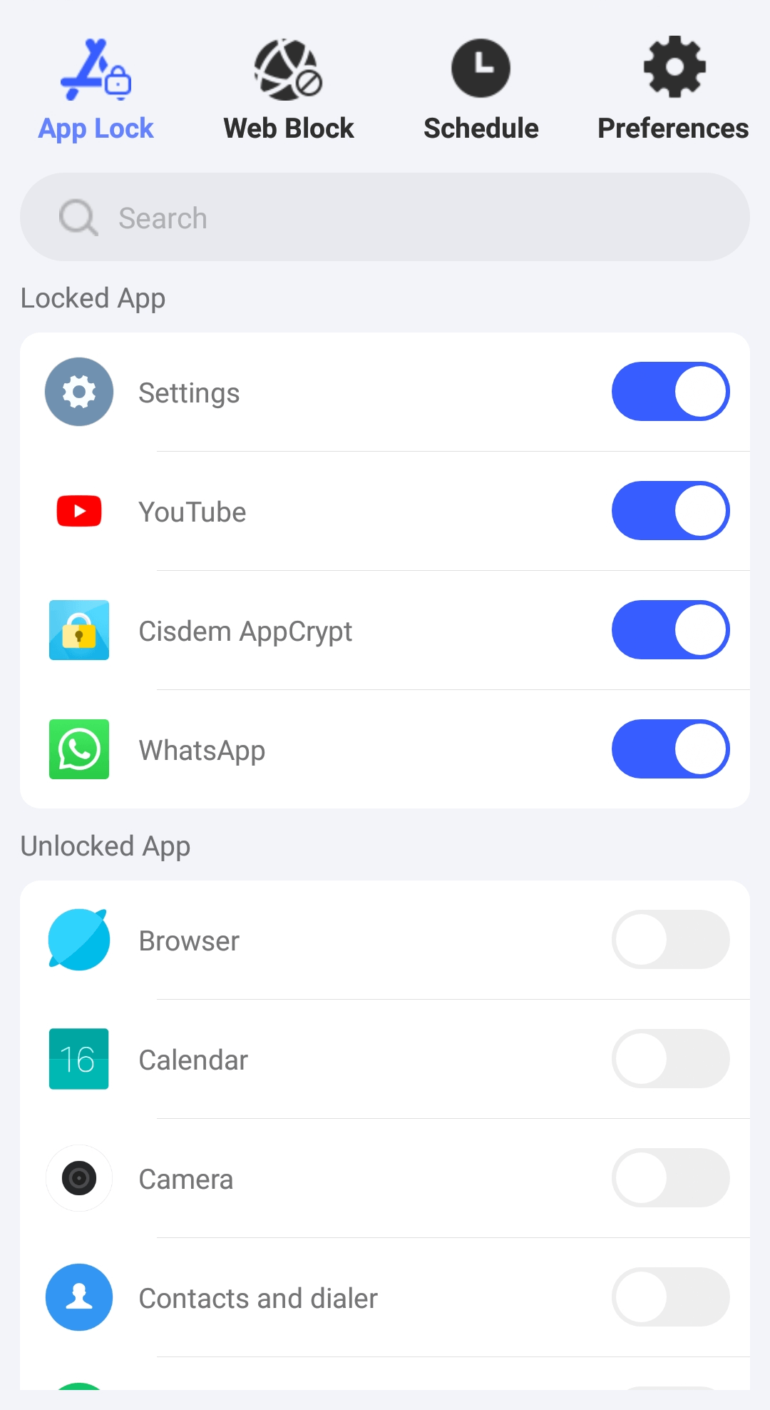 the App Lock tab showing that YouTube is blocked