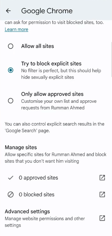 a screen showing blocked sites, approved sites, and other settings