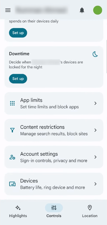 a Google Family Link screen showing App limits and Content restrictions, among other sections