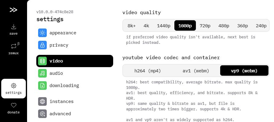 output settings of online YouTube to WebM converter