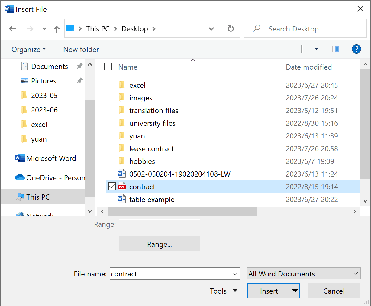 insérer un pdf dans word ms