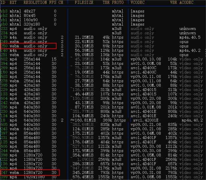 view format list in yt-dlp