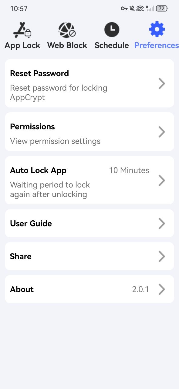 Preferences window of the gallery lock app