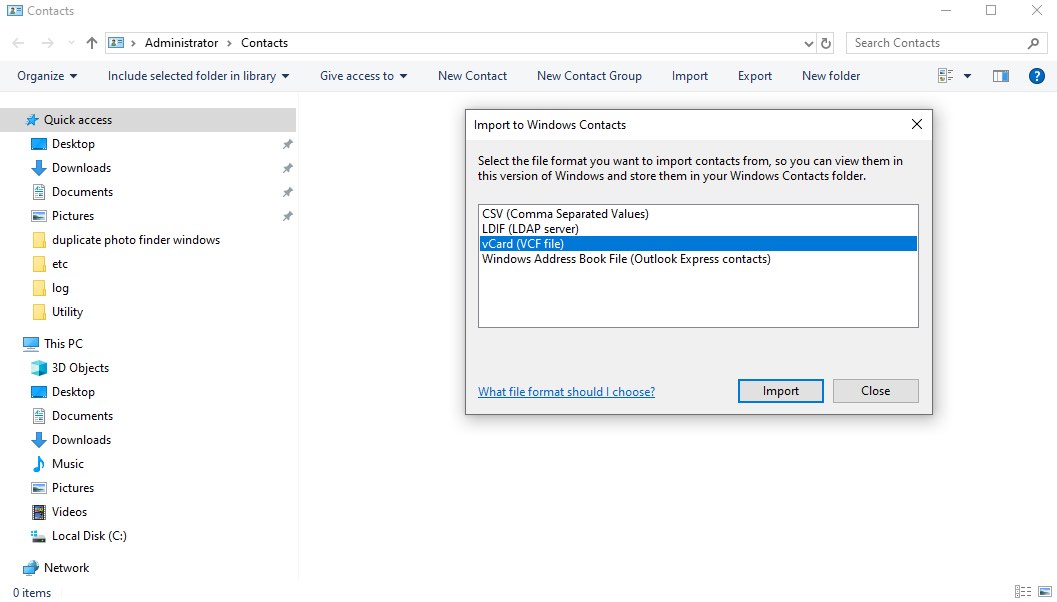 import vCard to Windows Contacts