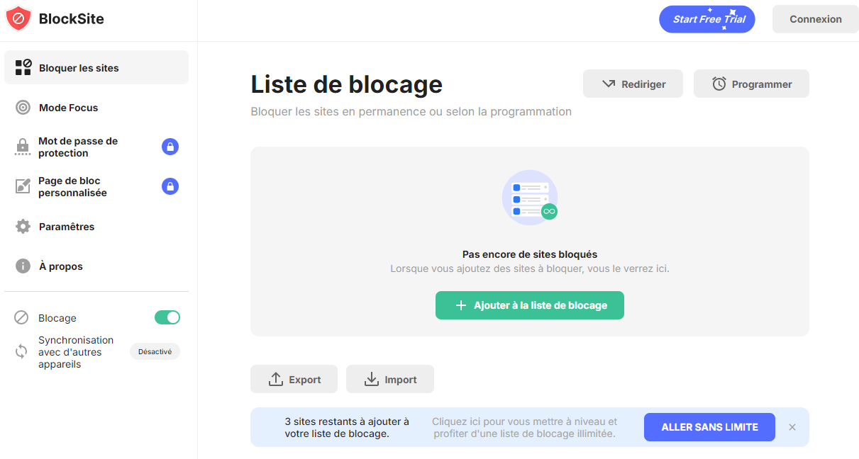 l'onglet bloquer les sites 