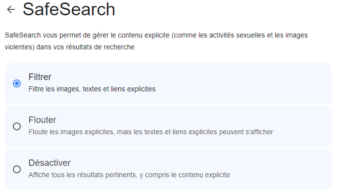 régler les paramètres de safesearch google