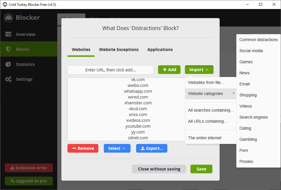 the Web categories submenu showing Porn and a few other website categories