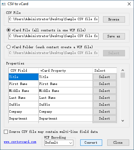 CSV to vCard interface showing a Browse button, a vCard File option, a vCard Folder option, a Properties section, and more