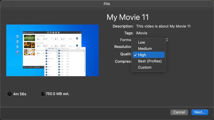 compress mov in imovie