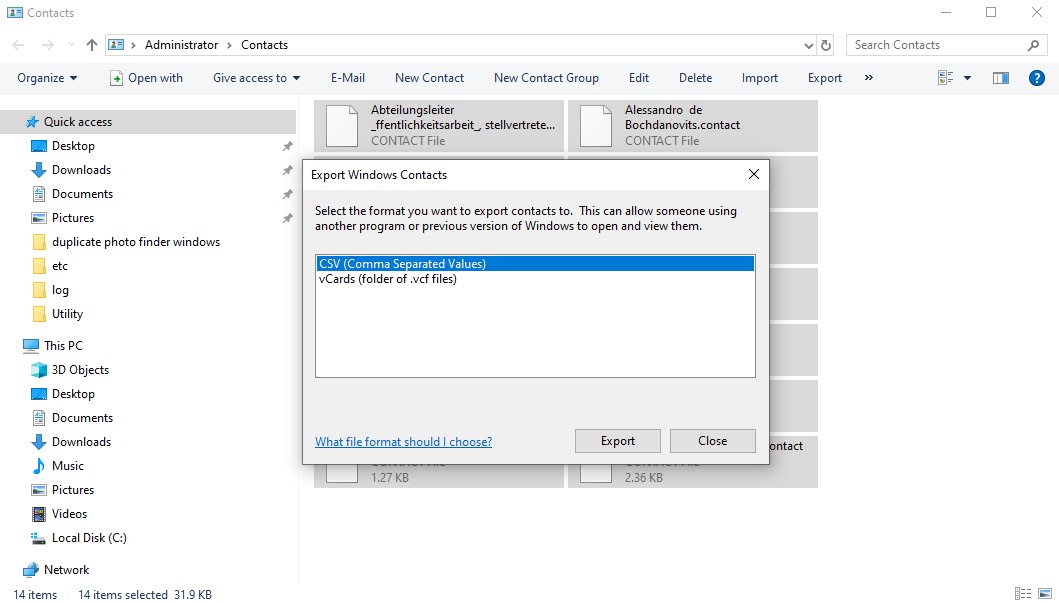 export Windows Contacts window