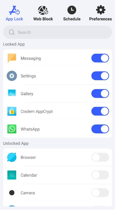 the App Lock tab showing that two messaging apps, among other apps