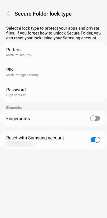 a screen showing four lock types, including Pattern, PIN, Password, and Fingerprints