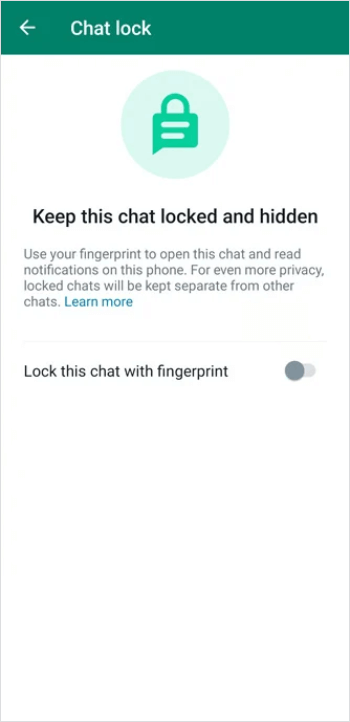 a screen showing that the Lock this chat with fingerprint option is enabled